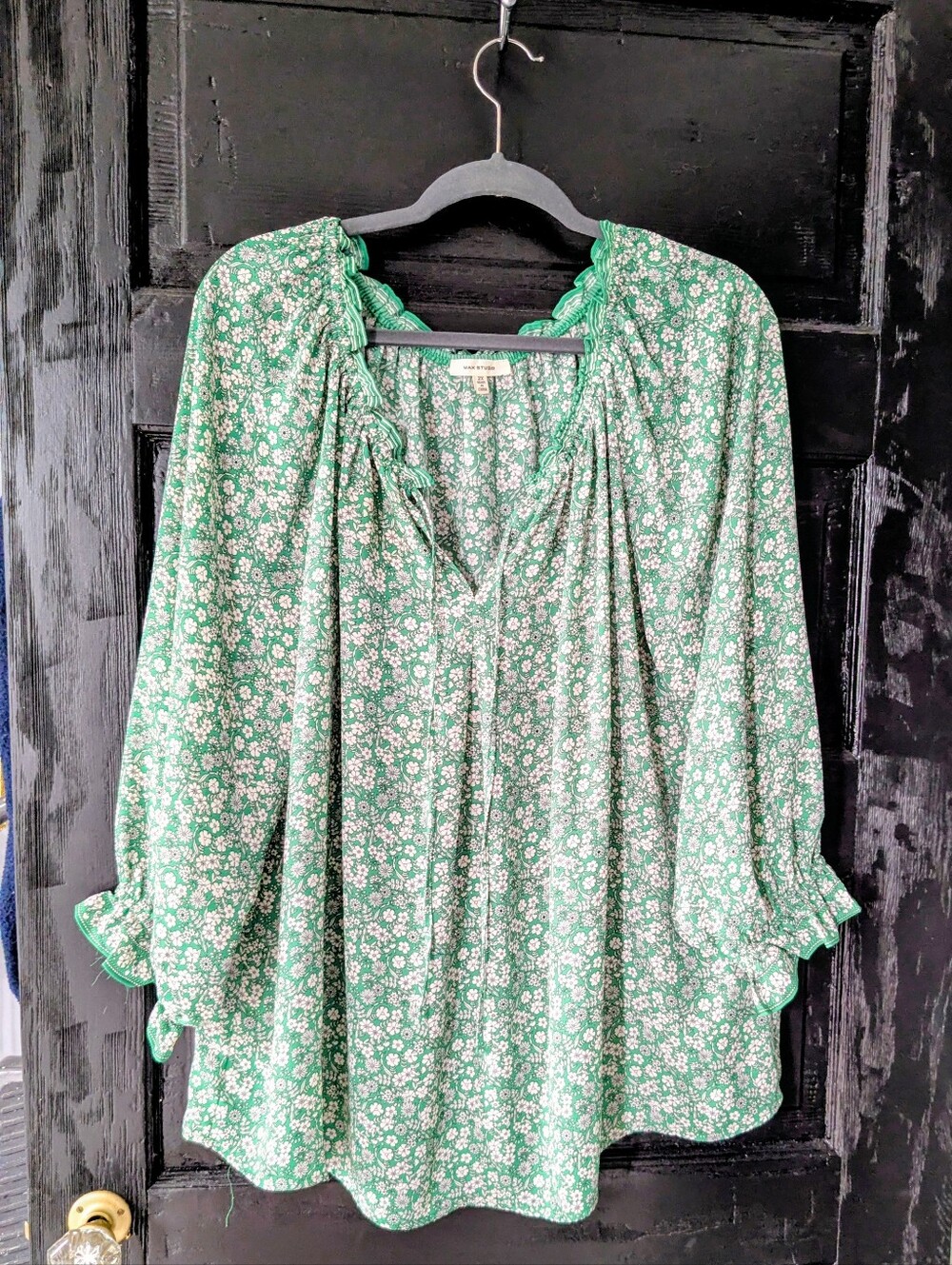 Max Studio Green Floral Ruffle-Trim Blouse